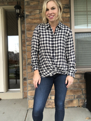 Navy plaid twist front button down