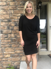 Load image into Gallery viewer, Side shirred black sweater dress