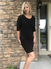 Load image into Gallery viewer, Side shirred black sweater dress