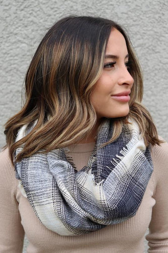 Cream black and blue infinity scarf