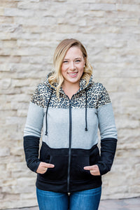 Leopard Color Block Full Zip Hoodie