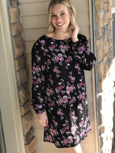 Floral black long sleeve dress with tie back