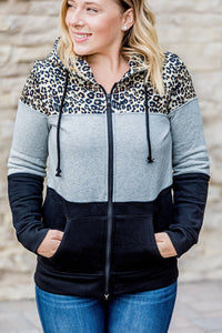 Leopard Color Block Full Zip Hoodie