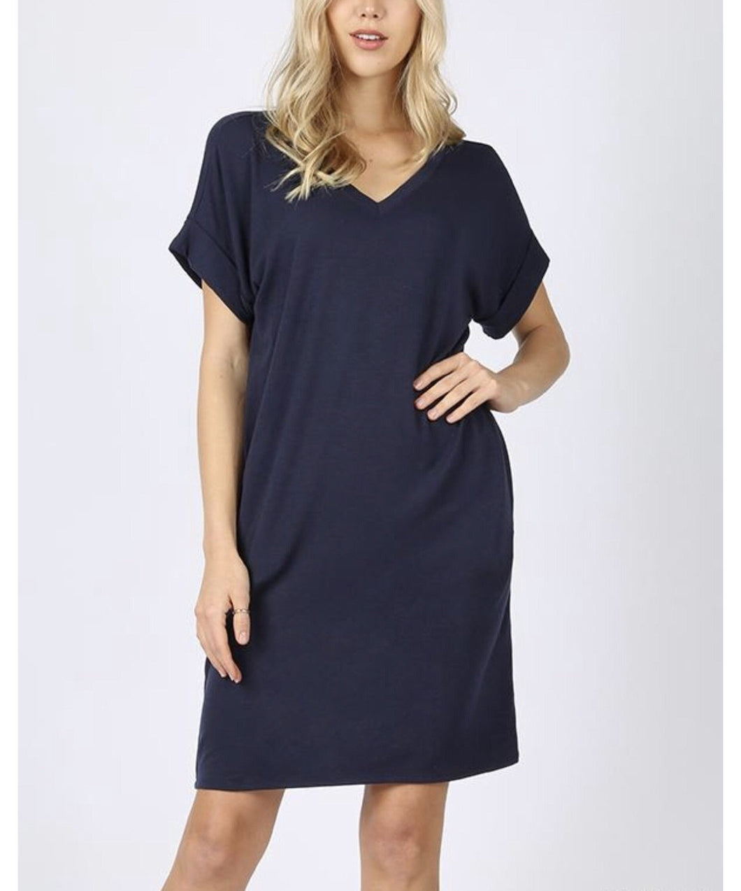 Navy rolled sleeve dress