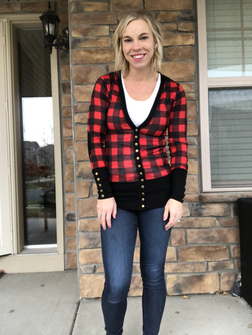 Red buffalo plaid snap cardigan
